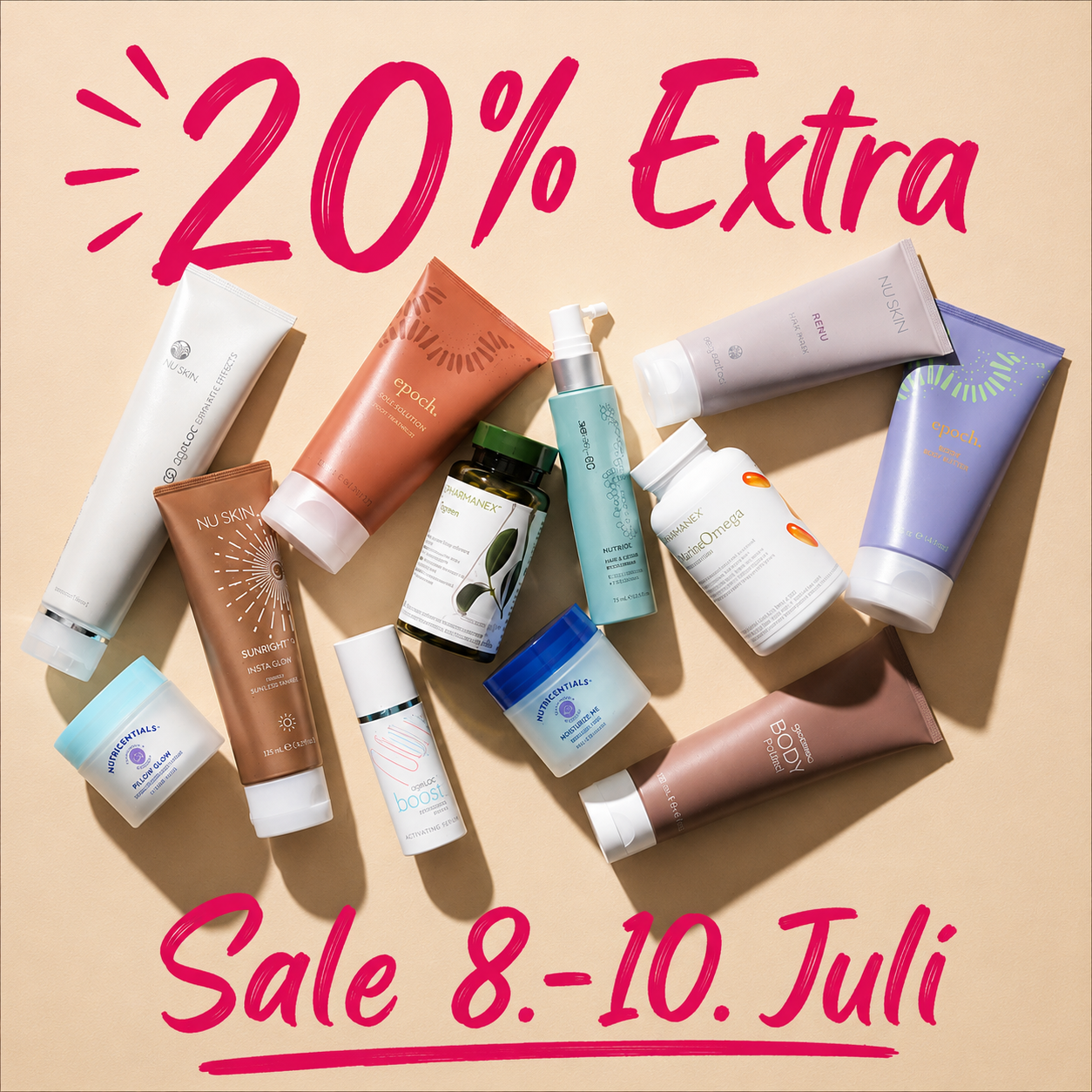 Nu Skin Mid Year Promotion mit 20 % Extra Rabatt auf 12 ausgewählte Beauty- und Wellnessprodukte. Produktübersicht mit Hautpflege, Haarpflege und Nahrungsergänzung auf beigem Hintergrund. Aktion vom 8. bis 10. Juli.